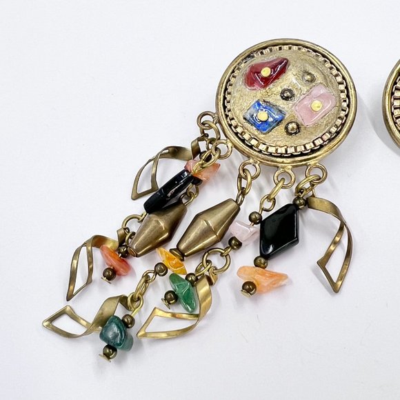 NWOT - BOHO Artisan Natural Stone & Antiqued Gold Tone Dangle Clip-On Earrings - Picture 6 of 7